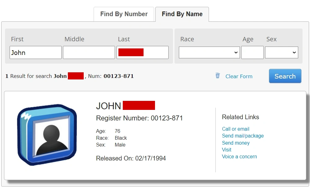 A screenshot of the BOP inmate locator offered by the Federal Bureau of Prisons, where the user can obtain access to a database and find a subject’s historical criminal details at the federal level.