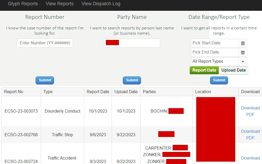 A screenshot of the search tool that allows the public to search arrest and investigation information.