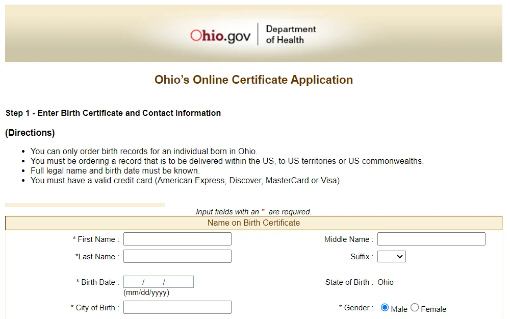 A screenshot of the online application form used to obtain a birth license in Ohio.