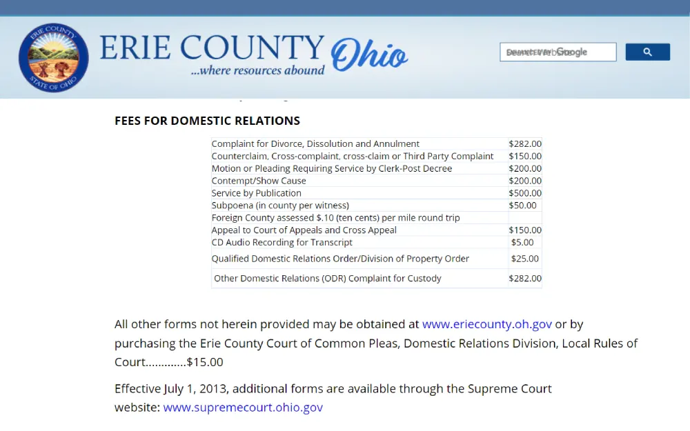 A screenshot displaying a fee for domestic relations that the Erie County Clerk of Courts listed showing amounts for different forms such as complaint for divorce dissolution and annulment, cross-complaint, counterclaim and cross-claim or third-party complaint.