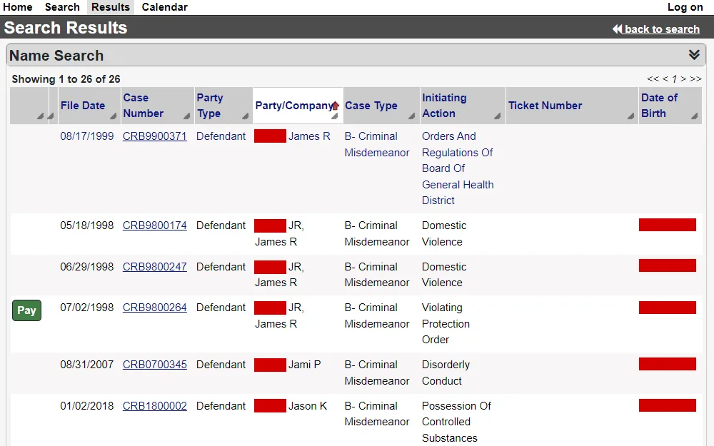 A screenshot of the search results from Erie County Municipal Court's CourtView, displaying the relevant criminal misdemeanors and felony cases including the case numbers, filing dates, party types, party names, initiating actions, and birthdays.