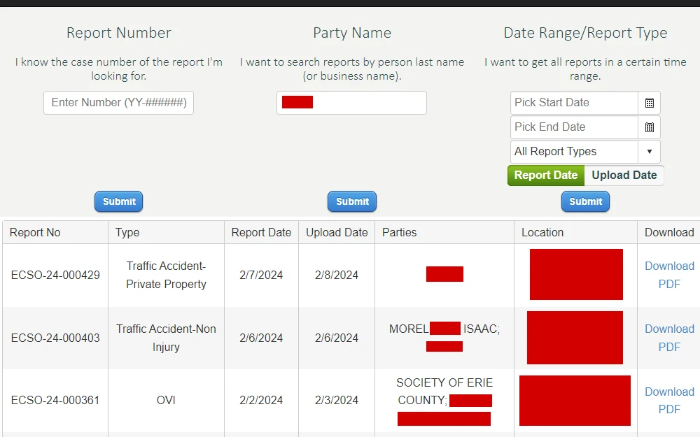 Screenshot of the search too and corresponding results from the Erie County Sheriff’s Office, showing the report numbers, types, parties, report and upload dates, locations, and download links.