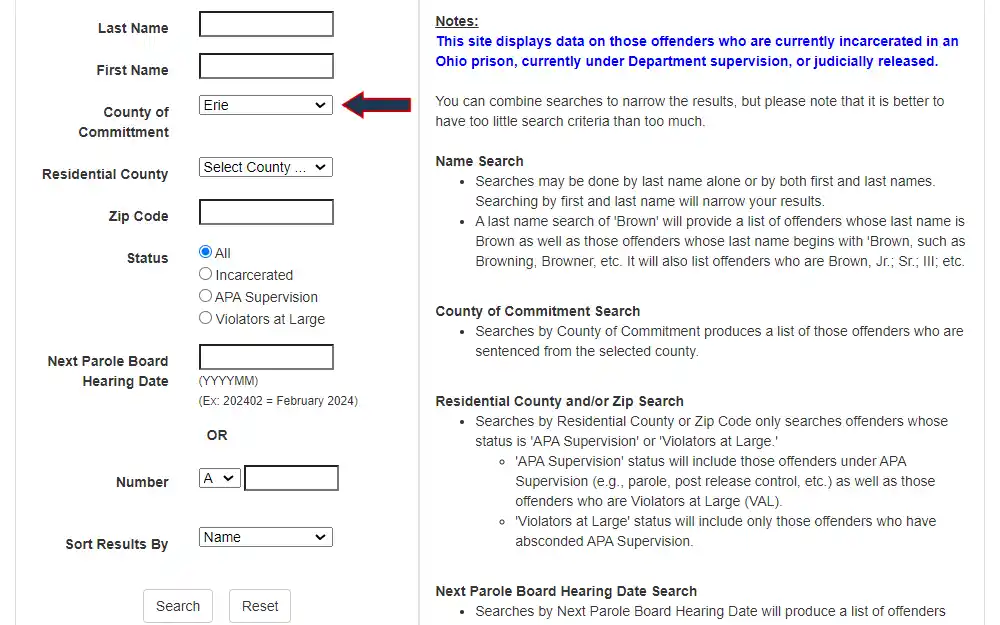 Screenshot of the offender search tool from the department of correction of Ohio, showing the fields for first and last names, county of commitment, residential county, zip code, status, next parole board hearing date, and number, and a corresponding block of note.