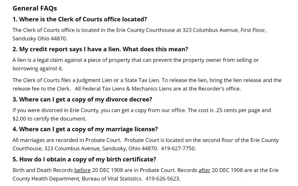 A screenshot showing the general FAQs from the Erie County Clerk of Courts website regarding the clerk of the court office location, a lien on a credit report, and where to get or obtain a copy of a divorce decree, marriage license, or birth certificate.