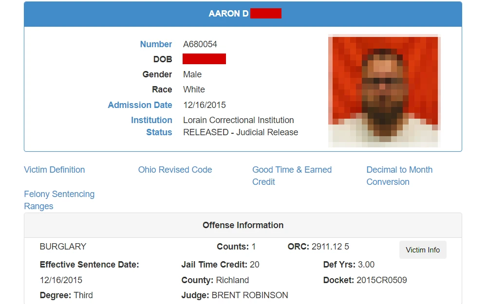 A screenshot of an offender detail displays the offender's mugshot, full name, DRC number, date of birth, gender, race, admission date, institution, status, and offense information, taken from the online database provided by the Ohio Department of Rehabilitation and Correction.